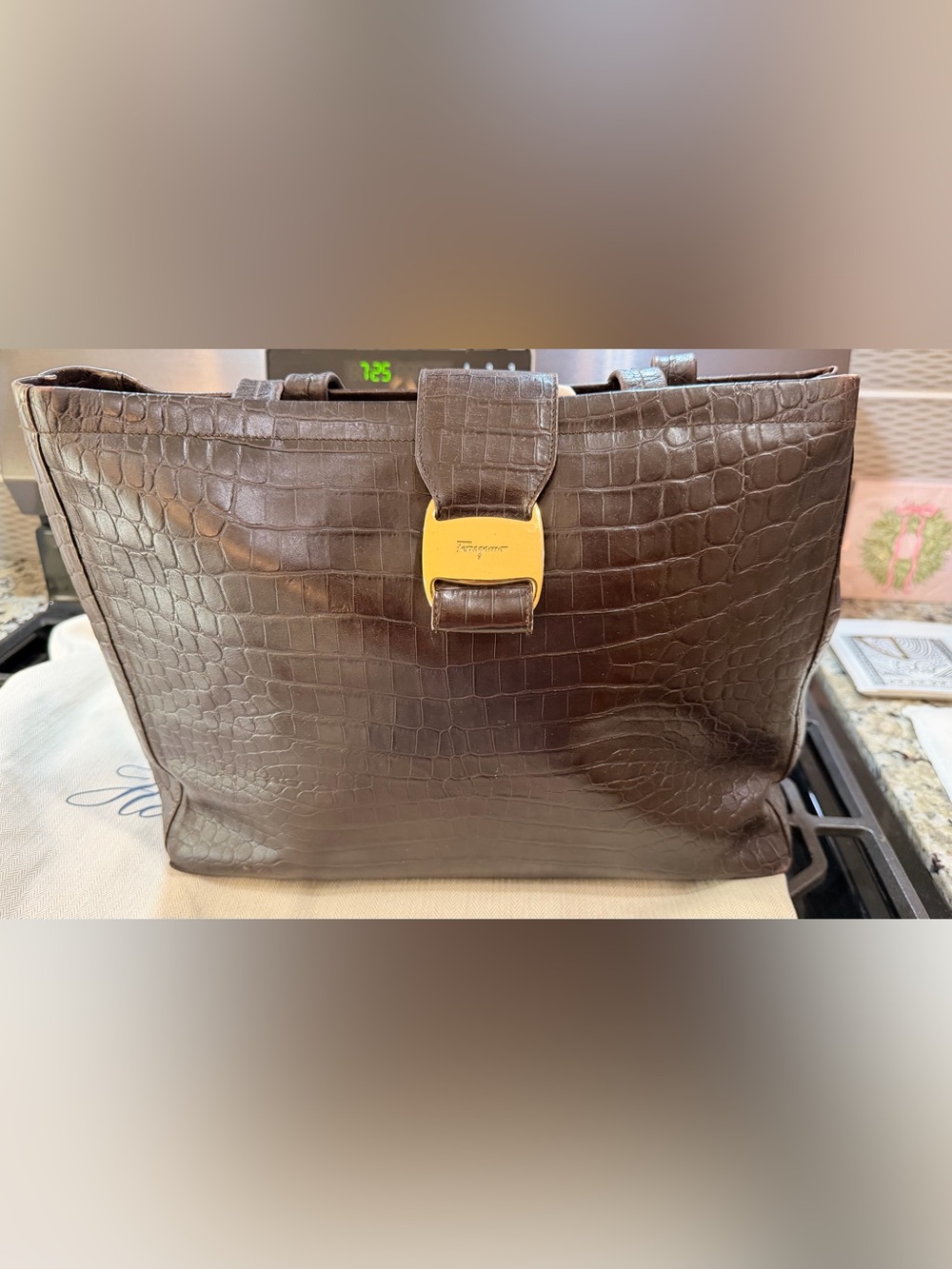Salvatore Ferragamo Brown Croc-Embossed Leather Shoulder Bag with Gold Hardware